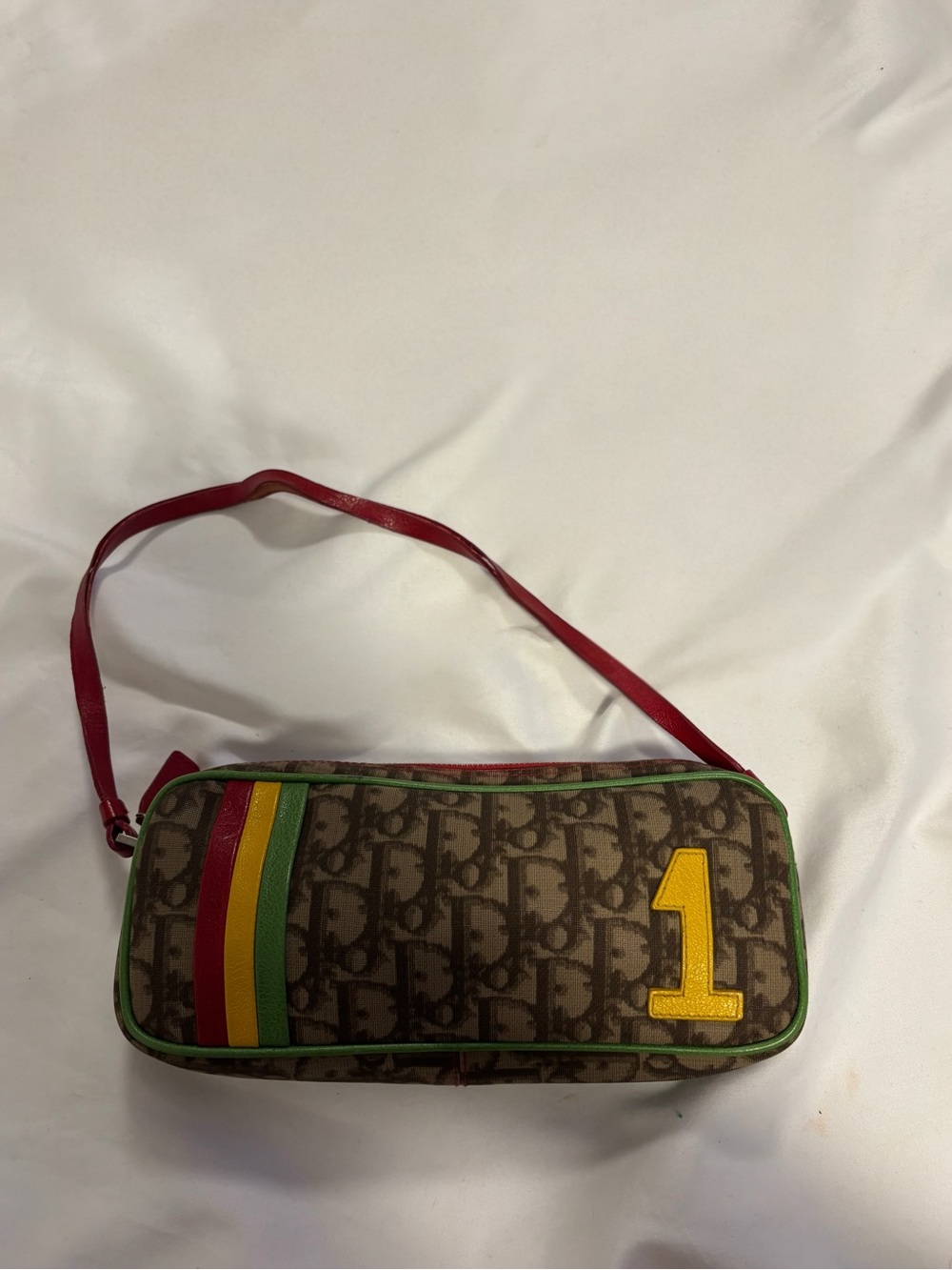 Dior Brown Monogram Shoulder Bag with Red Strap and Yellow Patch - Picture 2 of 6
